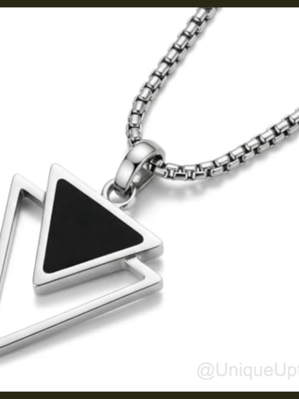 Stainless Steel Silver Chain Necklace 24" Black Enamel Triangle Pendant